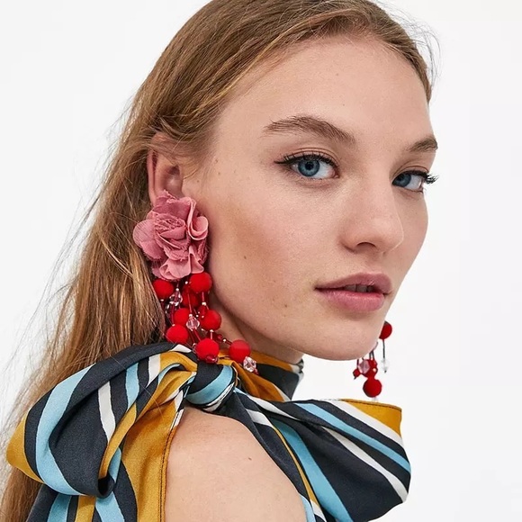 Boho Pink Rose Long Dangling Pom Pom Tassel Earrings - Picture 4 of 16